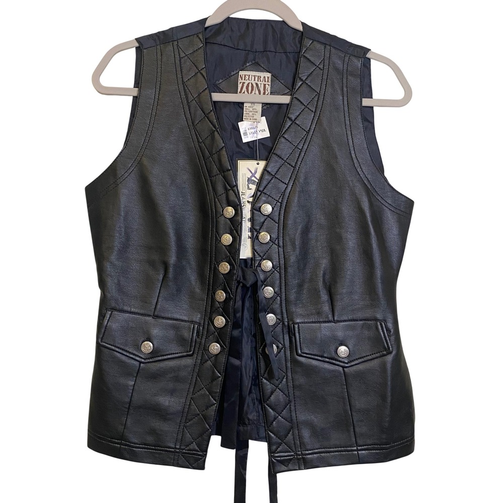 Neutral Zone Black Faux Leather Quilted Vest Star Buttons NWT Women Medium